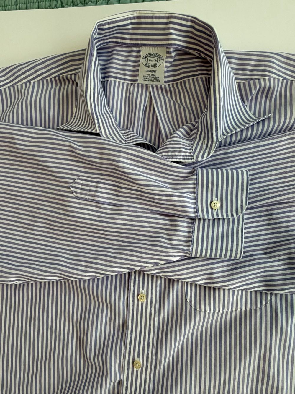 Brooks Brothers Purple and White Striped Button Down Long Sleeved Shirt-17.5/34